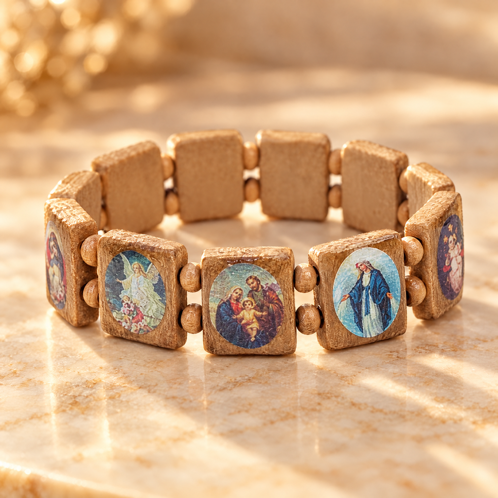Natural wood saints rosary bracelet on cream marble
