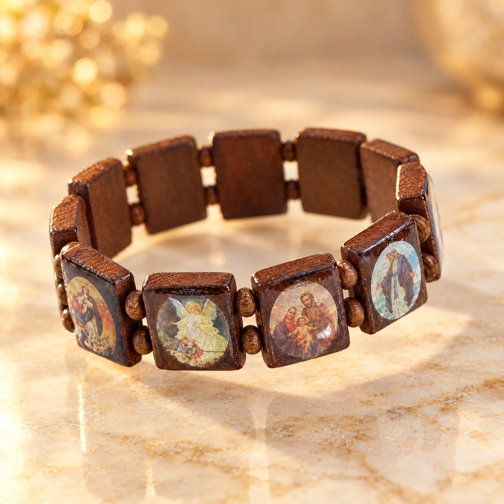 Brown wooden saints rosary bracelet on cream marble